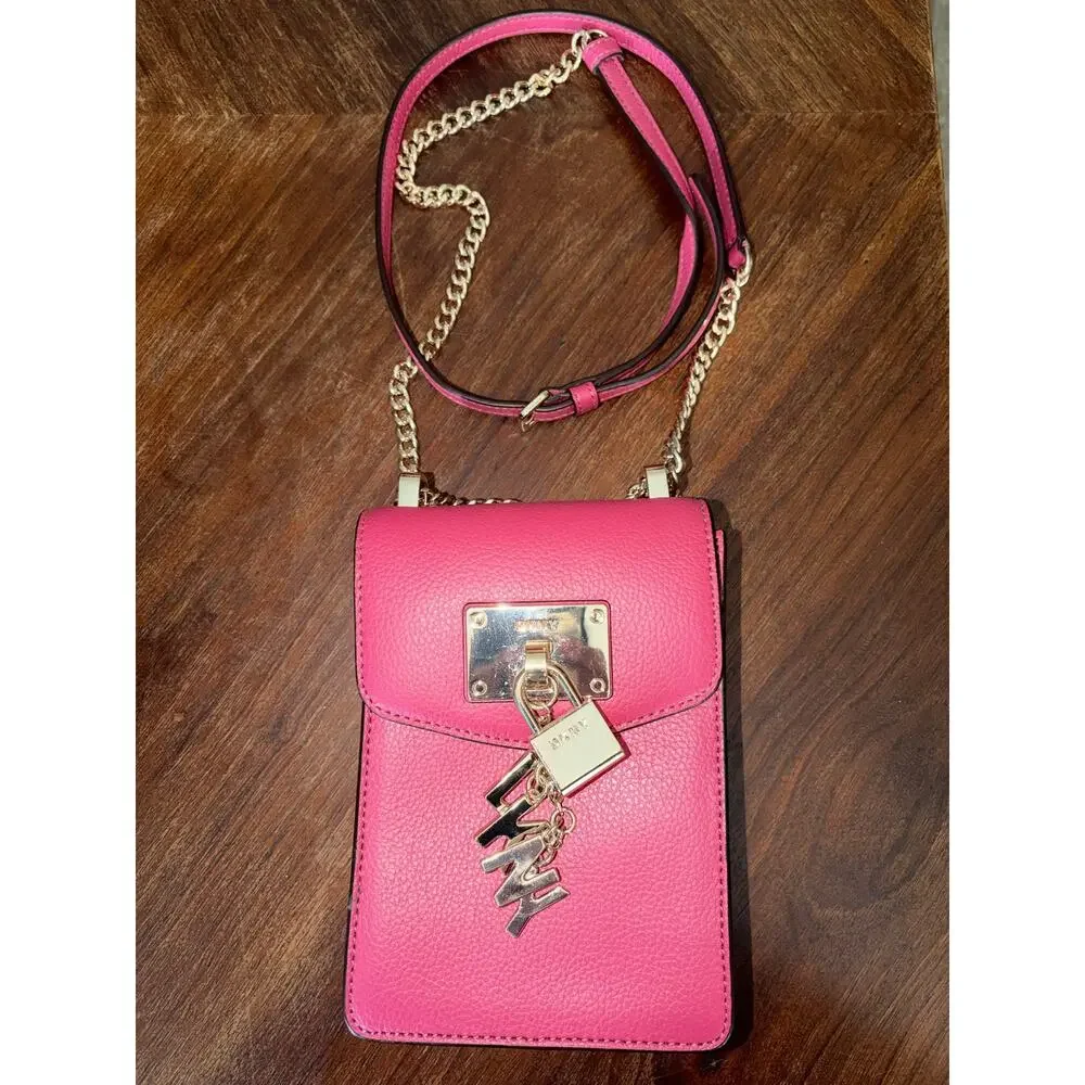 DKNY Pink Pebbled Leather Phone Crossbody Bag Gold Tone Lock Charm Chain Leather - Picture 2 of 11